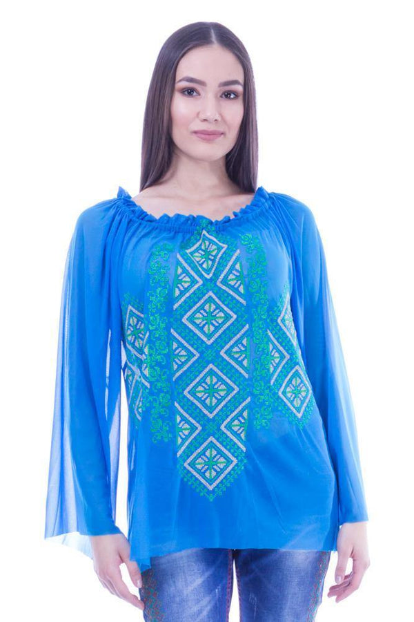 Bluza tul bleu cu broderie argintie  Liza Panait Liza Panait Online Boutique